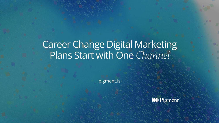 Abstract composition on warm cream: a wide scatter of pastel shapes on the left narrows into one solid lavender bar on the right, a picture of a career change into digital marketing focused on one channel