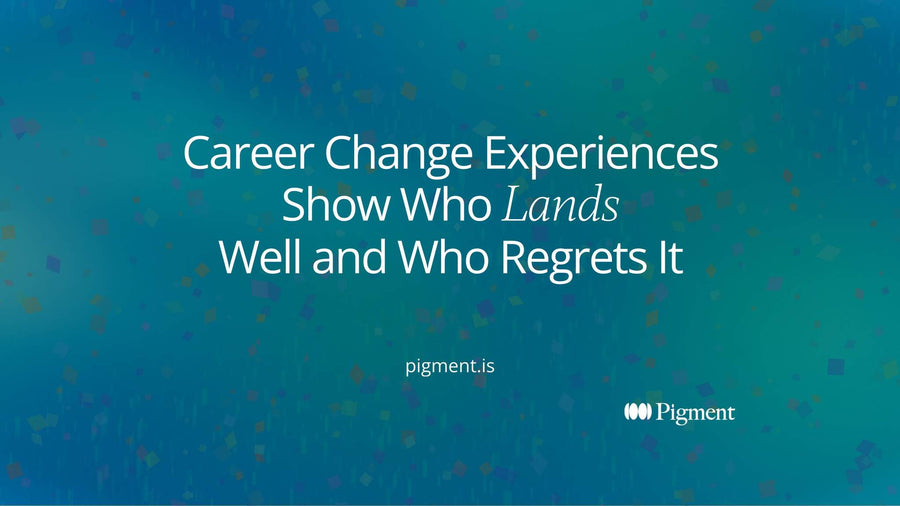 Abstract cover for an article on career change experiences: several paths in peach, lavender, and mint leave one point, most reach new ground, one loops back.