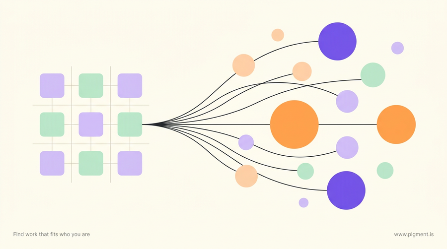 Abstract warm-toned composition: a grid of soft squares on the left opening into a spread of connected circles and arcs on the right, suggesting a teacher's path from the classroom into new careers.