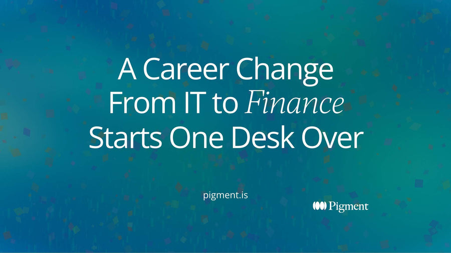 Title card on a blue-green gradient reading A Career Change From IT to Finance Starts One Desk Over, with the word Finance set in italic serif
