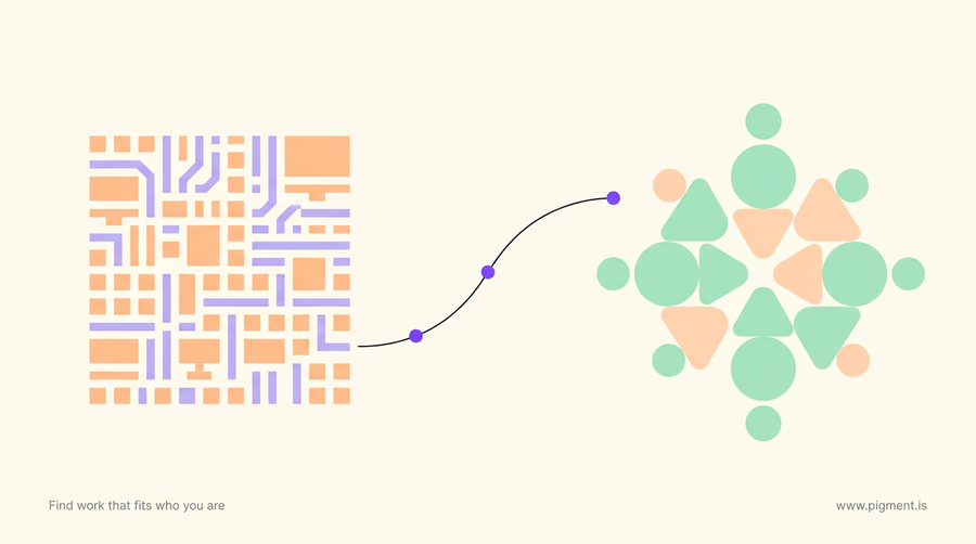Abstract geometric hero in warm cream, peach, lavender and mint: two clusters of shapes joined by a thin line, suggesting a move from IT into teaching.