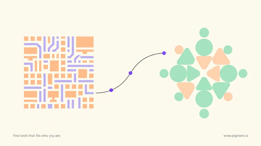 Abstract geometric hero in warm cream, peach, lavender and mint: two clusters of shapes joined by a thin line, suggesting a move from IT into teaching.