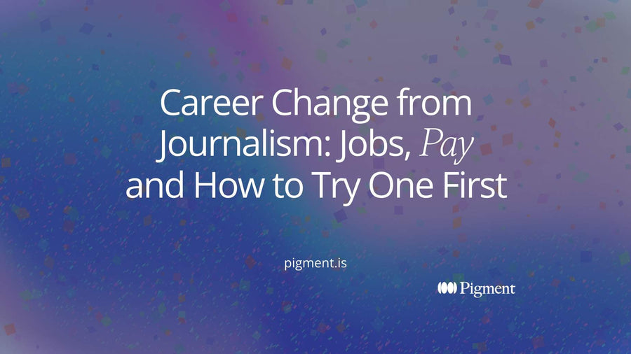 Cover for career change from journalism: a charcoal notebook shape on the left with three soft colored paths leading right to peach, mint and lavender circles, on cream