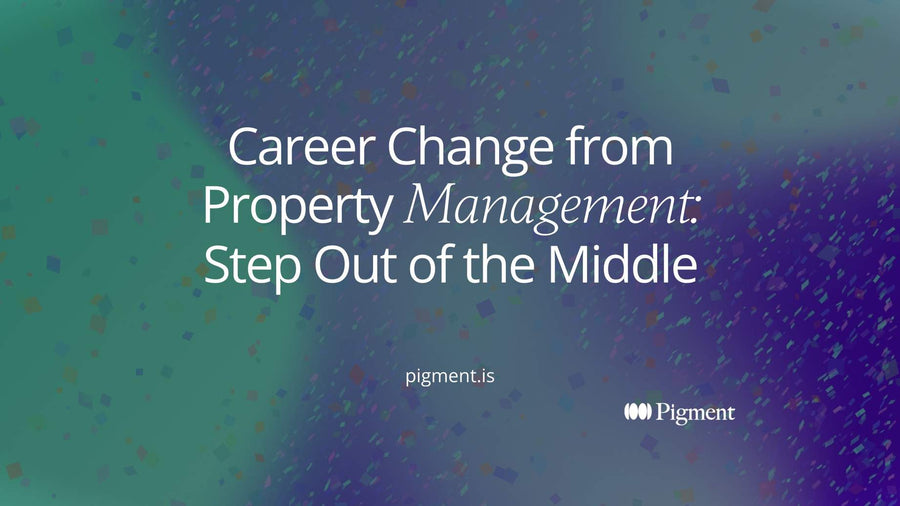 Abstract cover for a guide to a career change from property management: a small block caught between two large blocks steps out along a violet path