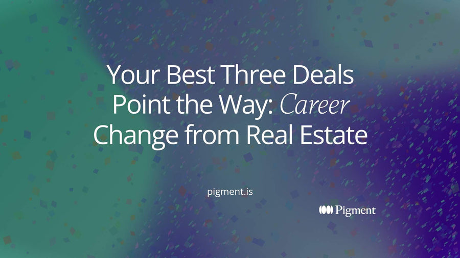 Abstract cover for a career change from real estate: a row of house-shaped blocks in peach and lavender splitting into two paths across a cream field.