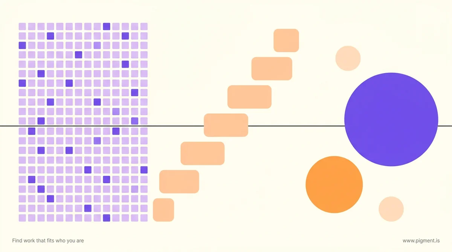 Abstract geometric composition for a career change from software developer: a dense packed grid of small squares on the left opening out into large, widely spaced circles on the right