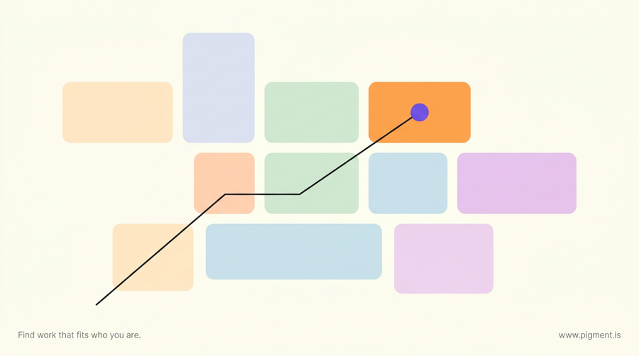 Abstract Pigment-style illustration of pastel field tiles scattered across a cream canvas with one tile connected by a thin line to a small marker, evoking choosing which field to test with a career change internship.