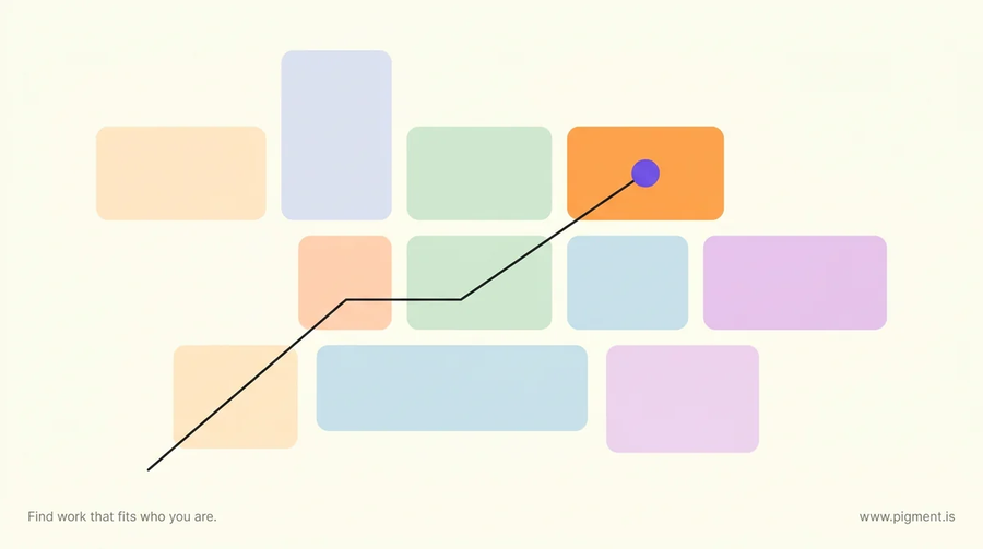 Abstract Pigment-style illustration of pastel field tiles scattered across a cream canvas with one tile connected by a thin line to a small marker, evoking choosing which field to test with a career change internship.
