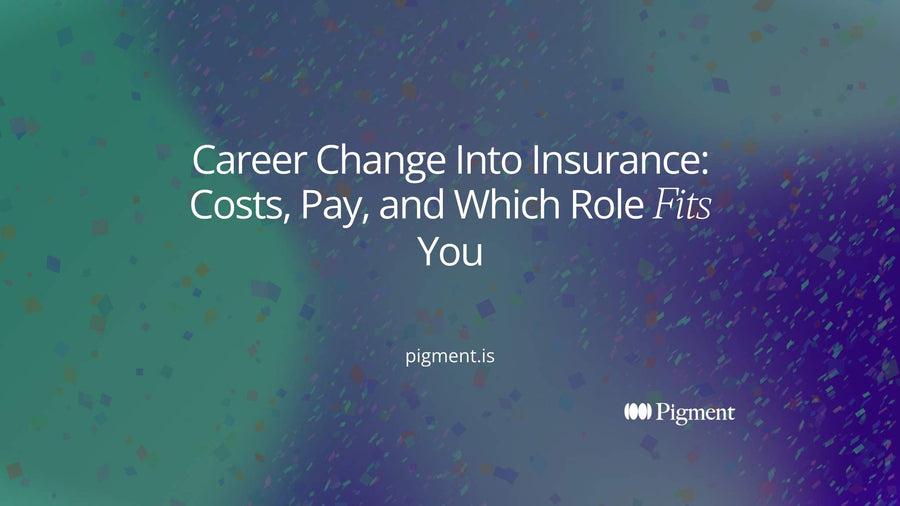 Abstract cover for a guide to a career change into insurance: one path splitting into four soft geometric shapes standing for sales, claims, underwriting and actuarial work