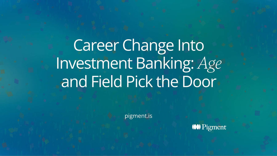 Abstract flat-vector composition on warm cream: thin lines from the left converge on four small gaps in a single vertical wall, a picture of the few doors open for a career change into investment banking.