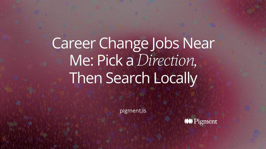 Abstract Pigment-style composition on cream: a field of small pastel dots with a thin circle drawn around a few, three of them filled violet, evoking a focused search for career change jobs near me.