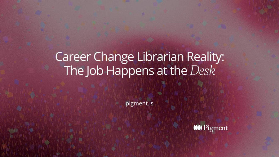 Abstract cover for a career change librarian guide: a row of lavender book-spine bars leads to a peach desk block where a violet dot waits
