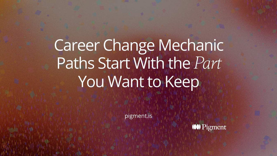 Career change mechanic idea in abstract shapes: four pastel shapes leave a gear-like ring, one of them carried forward along a path to the right on a cream field.