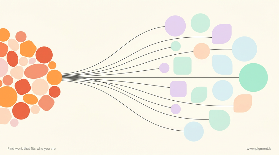 Abstract warm illustration: a tight cluster of small peach shapes on the left fans out along thin lines into an open, airy constellation of lavender, mint and ice shapes on the right.