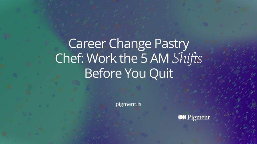 Abstract cover for a career change pastry chef guide: stacked peach and lavender layer bars beside a low rising arc, with one violet dot at the top like an early sun