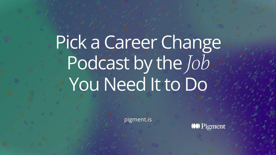 Abstract Pigment-style composition on cream: three pastel sound-wave bands, one picked out in violet, evoking choosing a career change podcast for the job you need.