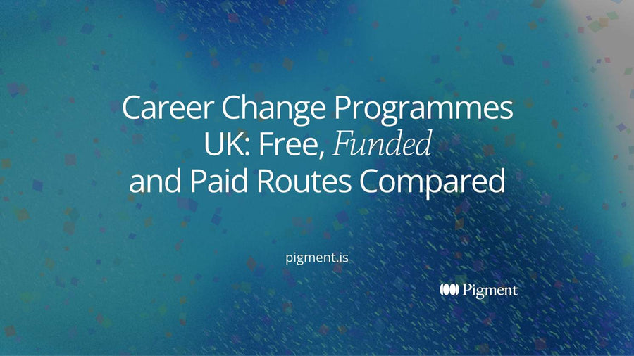 Abstract cover for a guide to career change programmes in the UK: four clusters of peach, lavender, mint and ice shapes joined by thin lines into one path.