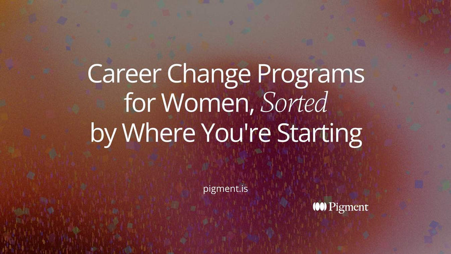 Abstract Pigment-style composition on cream: three paths from different starting points on the left converge on one violet circle, evoking career change programs for women sorted by where you start.