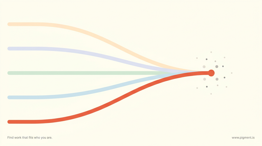 Abstract composition of five soft-colored paths in peach, lavender, mint, ice blue, and coral sweeping across a warm cream field and converging on a single point.