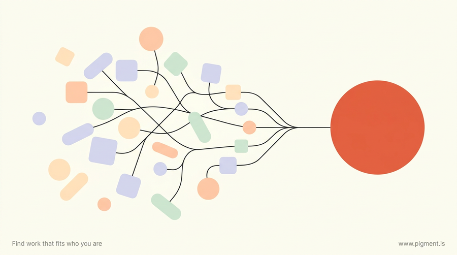 Abstract Pigment-palette composition of scattered peach, lavender, and mint shapes joined by thin lines, resolving from a loose cluster into one clear coral circle, evoking uncertainty about a career change settling into a decision
