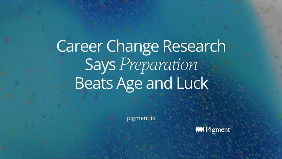 Abstract cover for career change research: many soft dots on the left narrow through bands into one clear path on the right, showing preparation turning options into a plan