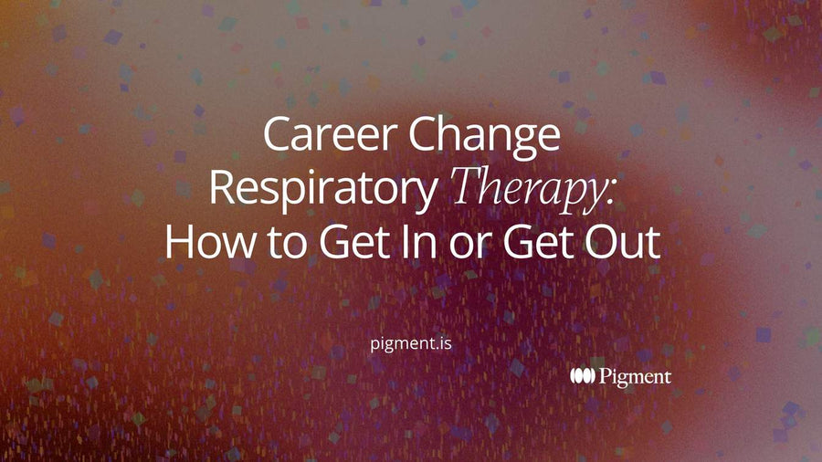 Abstract cover for a career change respiratory therapy guide: two arcs crossing a central line, one moving in and one moving out, in ice blue and peach on cream.