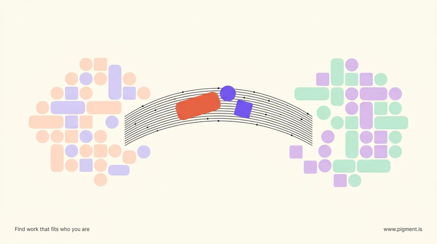 Abstract Pigment illustration of a career change: two clusters of soft geometric shapes, one field on each side, joined by a woven charcoal bridge with a few brighter shapes crossing from the old field to the new one.