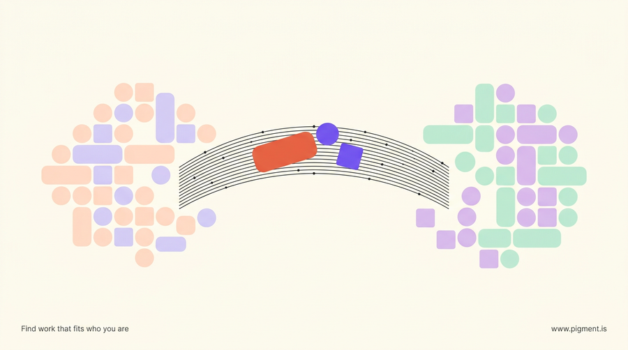 Abstract Pigment illustration of a career change: two clusters of soft geometric shapes, one field on each side, joined by a woven charcoal bridge with a few brighter shapes crossing from the old field to the new one.