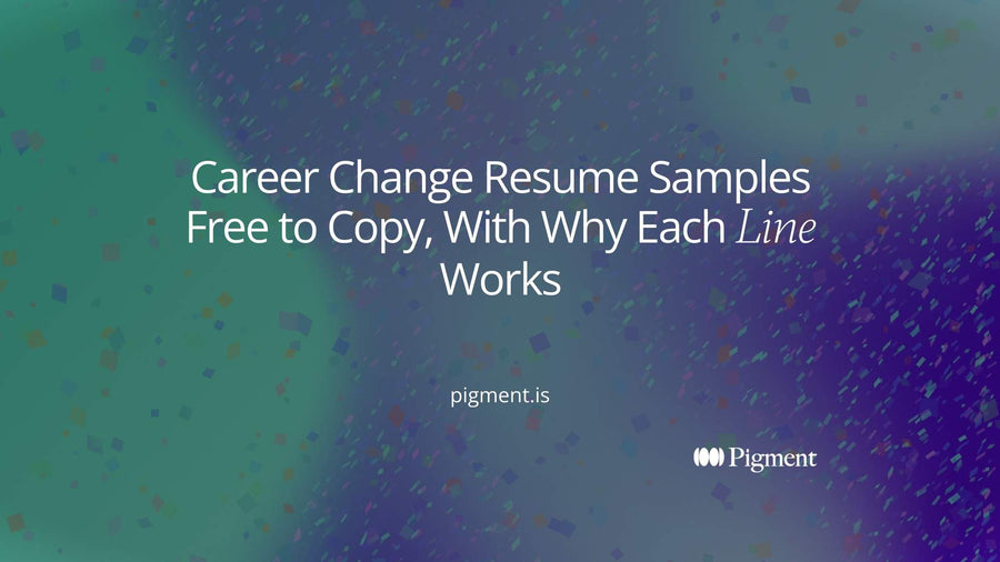 Abstract composition on cream: five pale page shapes in a row, each with a small violet mark beside one line, a picture of career change resume samples free to copy with notes.