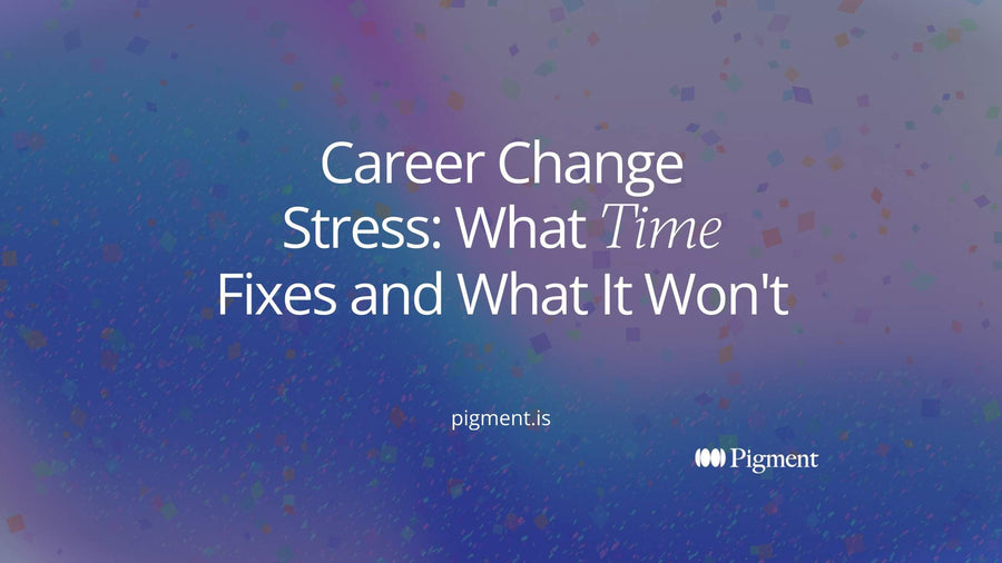 Cover for career change stress: a row of peach circles shrinking with time beside a steady lavender square that only a mint path reaches, showing which stress fades and which does not