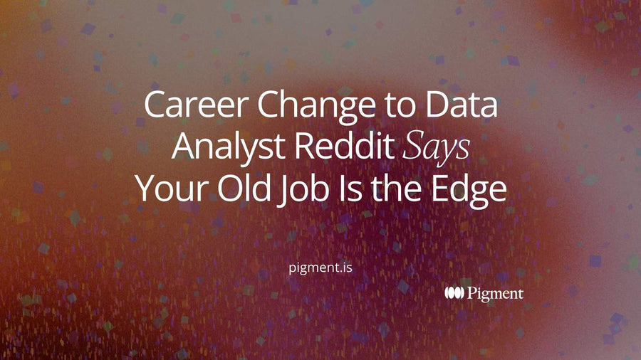 Abstract hero for a guide to the career change to data analyst Reddit threads: two paths into analytics, a crowded open gate and a quieter path carrying a shape from the old career