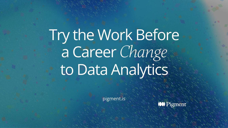 Abstract hero for a guide to a career change to data analytics: a small trial grid of tinted cells sits in front of a long path of study blocks, testing the work first