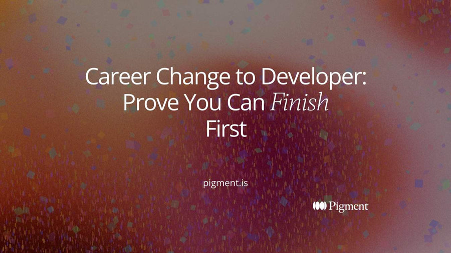 Abstract cover for a career change to developer: rows of small pastel blocks on cream, most rows broken off partway, one violet row running unbroken to the far edge