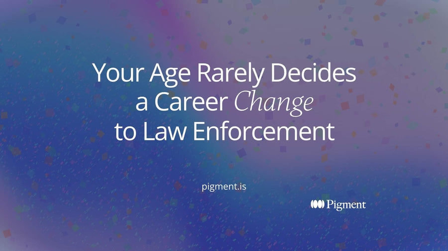 Title card for a career change to law enforcement: the words 'Your Age Rarely Decides a Career Change to Law Enforcement' on a dark violet and blue gradient.