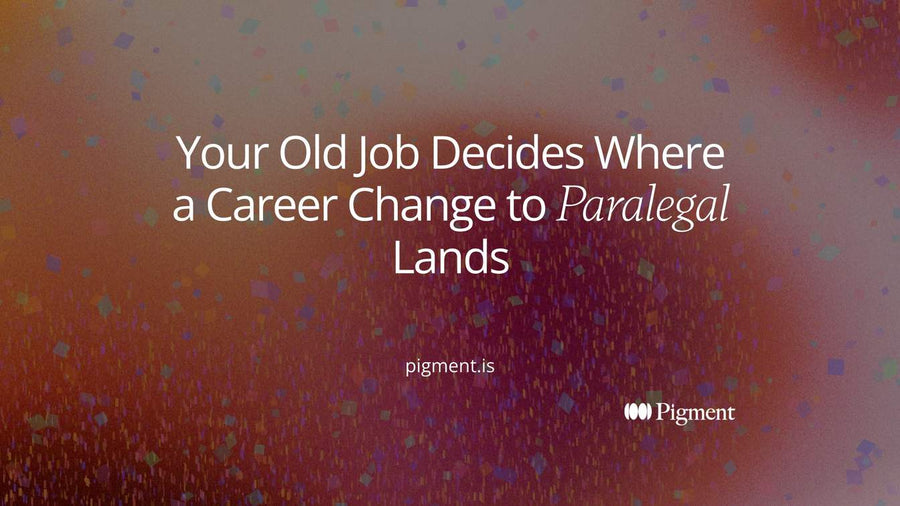 Abstract composition on cream: three small stacks of pale document shapes, one linked by a dotted line to a single violet circle, evoking a career change to paralegal guided by your old job.