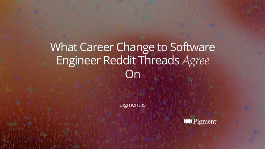Abstract composition on warm cream: scattered pastel dots on the left gather into one long winding violet line that ends at a single open mint doorway, suggesting a career change into software engineering