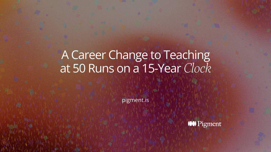 Abstract cover for a guide to a career change to teaching at 50: fifteen small peach and lavender blocks in a row, the span of years a 50-year-old switcher teaches.