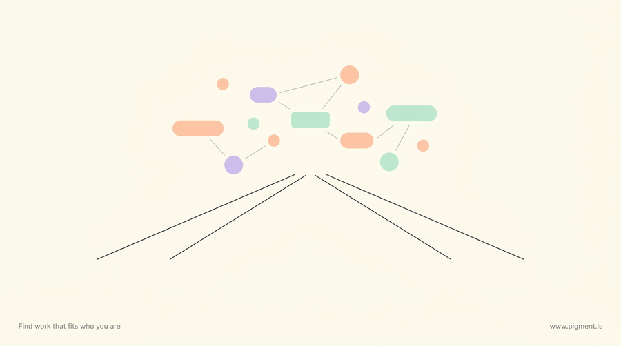 Abstract flat-vector hero: two converging charcoal lines suggest an open road under a soft constellation of peach, lavender, and mint shapes, evoking the many directions a career change to trucking could take.