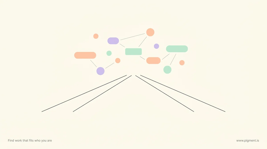 Abstract flat-vector hero: two converging charcoal lines suggest an open road under a soft constellation of peach, lavender, and mint shapes, evoking the many directions a career change to trucking could take.