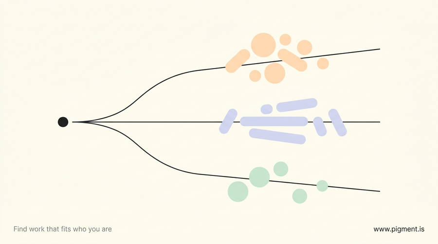 Abstract geometric composition in peach, lavender, and mint on cream, a single point branching into several paths, evoking choosing the right career change training.