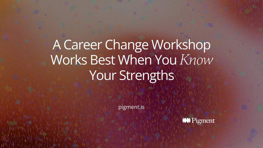 Abstract cover for a career change workshop guide: a loose cloud of outlined circles passes through a narrow gap and becomes a short row of three filled circles