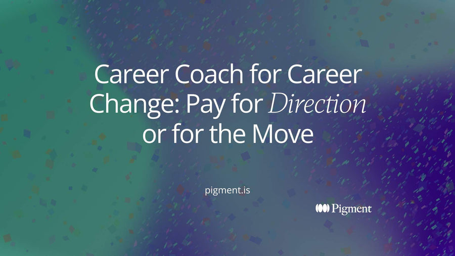 Abstract composition on cream: a charcoal path splits into two routes, one a loose lavender cluster of circles, one a straight line of peach squares, for choosing a career coach for career change.