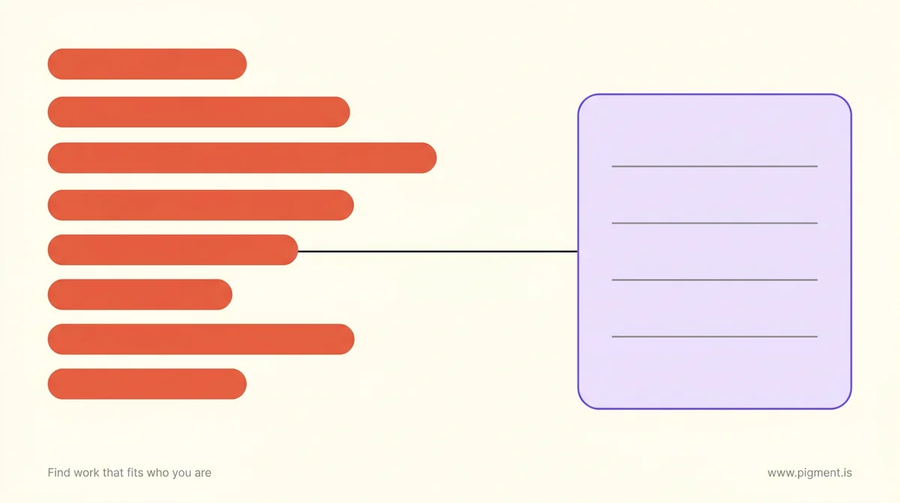 Abstract composition contrasting a career coach with a career assessment: a loose stack of uneven coral bars standing for billed hours, beside one solid violet block standing for a single report you keep