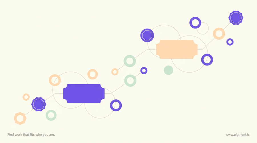 Abstract editorial illustration of badge, seal, and ring shapes rising along a path, evoking the choice of a career coaching certification, in warm violet, peach, and mint on cream.