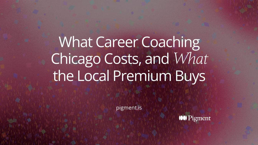 Abstract composition of upright rounded bars in peach, lavender and mint on warm cream, with a single charcoal line running through them and splitting into two paths at the right, standing for the choice behind career coaching in Chicago