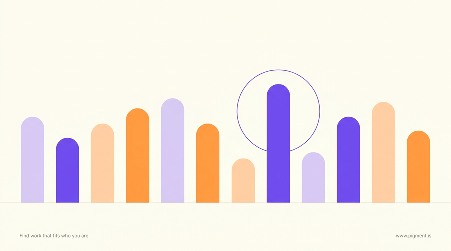 Abstract geometric hero for a career coaching buyer's guide: a row of vertical rounded forms in violet, lilac, peach and orange on warm cream, with one form circled by a thin ring