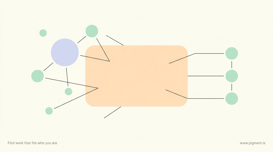 Abstract geometric composition in warm peach, lavender, and mint on a cream background, evoking the clarity a career coaching services buyer weighs before spending.