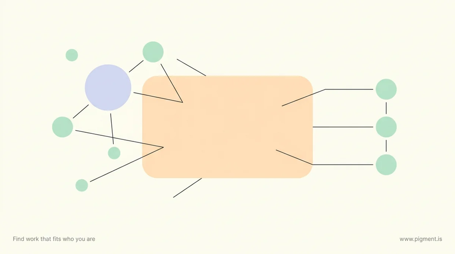 Abstract geometric composition in warm peach, lavender, and mint on a cream background, evoking the clarity a career coaching services buyer weighs before spending.