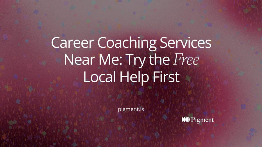 Abstract composition on cream: a row of small mint, ice and lavender open circles leading to one larger peach circle, suggesting free local career help before a paid career coach.