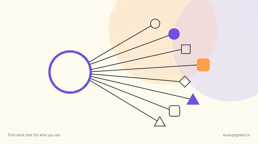 Abstract geometric hero: one open violet ring with eight thin lines radiating to eight small shapes at different distances, three of them solid and five drawn as empty outlines